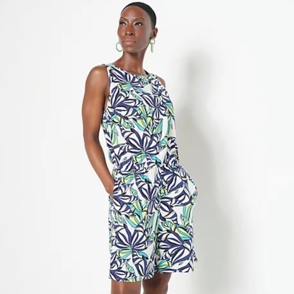 JASON WU XL Linen Romper Blue Palm Playsuit - Picture 3 of 12